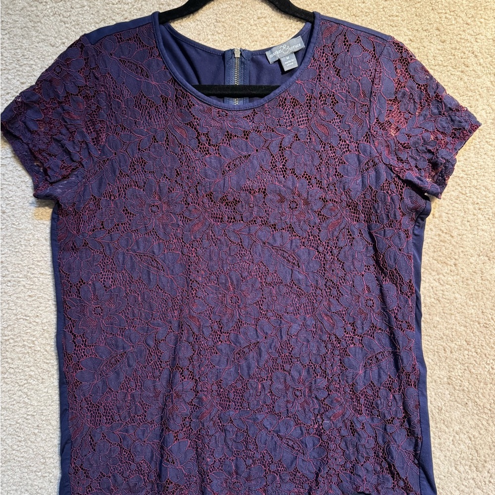 Market & Spruce Navy Top with Burgundy Lace Overlay